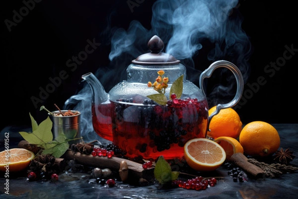 Fototapeta Fruit tea with berries in glass teapot. Generative AI