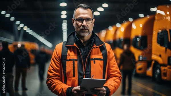 Fototapeta Auto Mechanic is Checking the Truck's Safety Maintenance Checklist,generative ai
