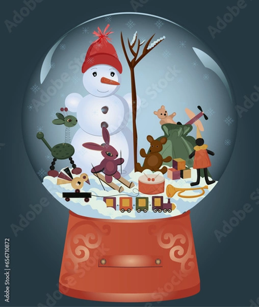 Fototapeta globe,deer in the snow, decorated christmas tree in the snow,christmas tree branch, christmas balls, snow falls, toys, gifts, fir tree, snow globe, snowman