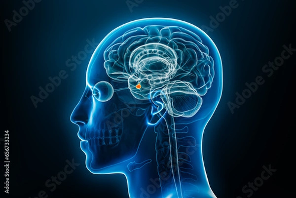 Fototapeta Xray profile view of the pituitary gland or neurohypophysis 3D rendering illustration. Human brain, body and endocrine system anatomy, medical, biology, science, neuroscience, neurology concepts.