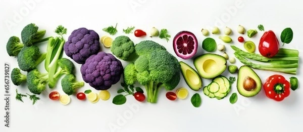 Fototapeta Vegetables creatively arranged in a flat lay on a white background