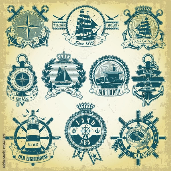 Fototapeta Set of stamp with a nautical theme
