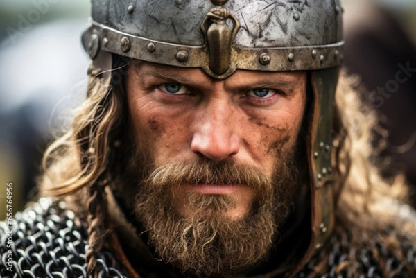 Fototapeta A Viking with a large, hooked nose, a strong jawline, and a steely gaze that hints at his cunning on the battlefield.