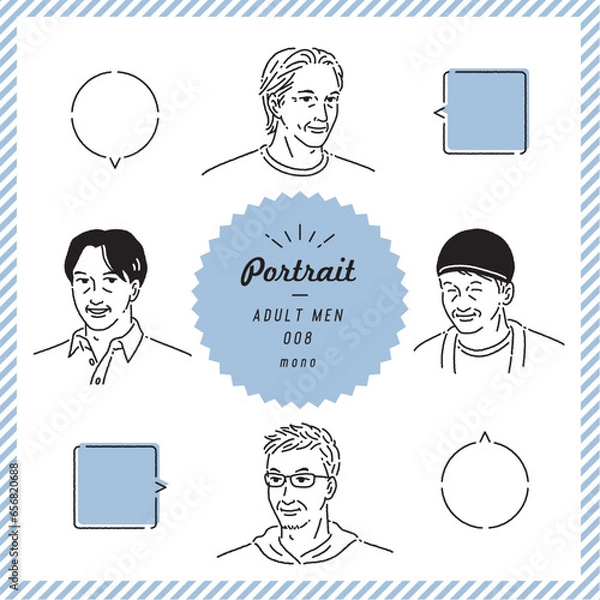 Obraz 高齢男性の似顔絵線画表情セット（モノクロ）