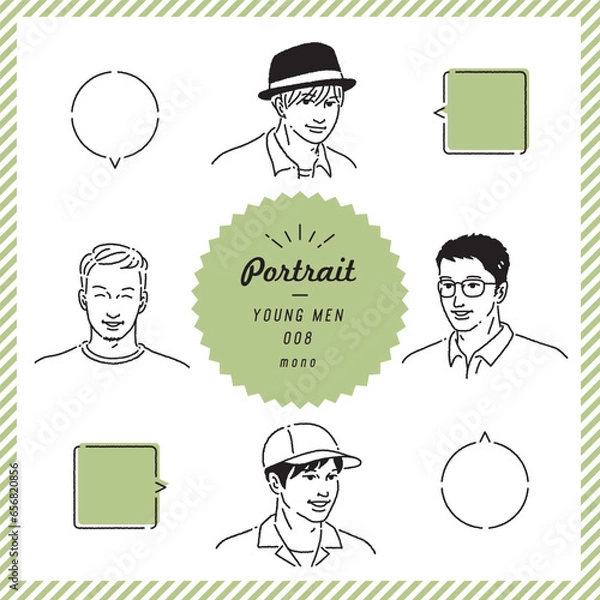 Obraz 若い男性の似顔絵線画表情セット（モノクロ）