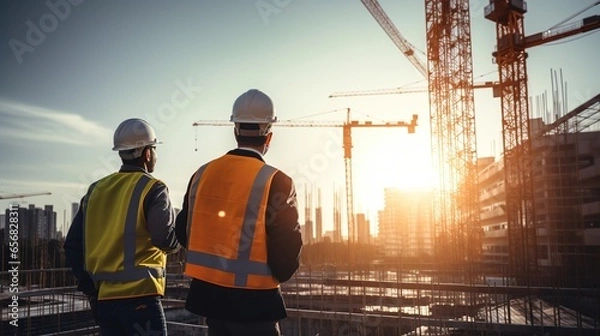 Fototapeta Construction worker and engineer wearing safety gear looking for blueprints in high rise building construction site with tower crane.