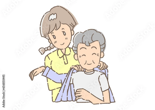 Obraz 介護士に、着替えを手伝ってもらっている、おじいさん。