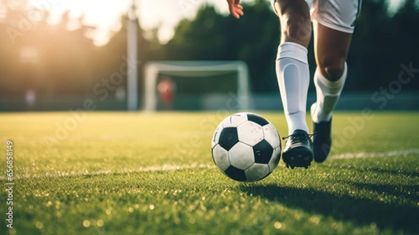 Fototapeta Soccer player with ball on a soccer field