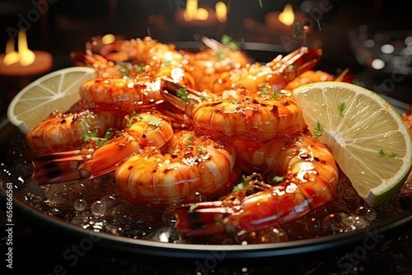 Obraz A chef cooking shrimp in a restaurant kitchen.Generated with AI