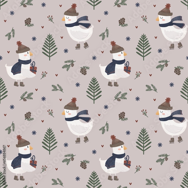 Fototapeta seamless pattern with a Christmas bird and a gift, a 
repeat pattern with a goose on skates and a hat, a Christmas pattern with cones and trees for wrapping paper and fabric