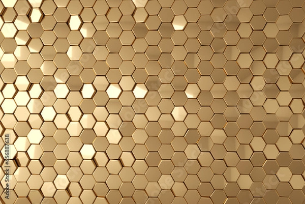 Obraz Gold hexagonal tech background texture, black, 3d rendering.
