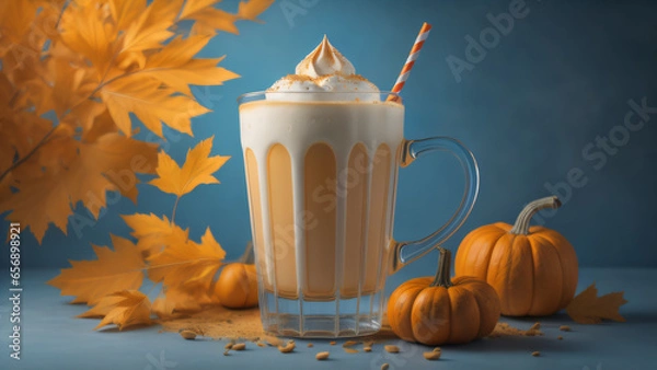 Obraz Cup of pumpkin chai latte saucer pumpkin and fall autumn leaves white table background