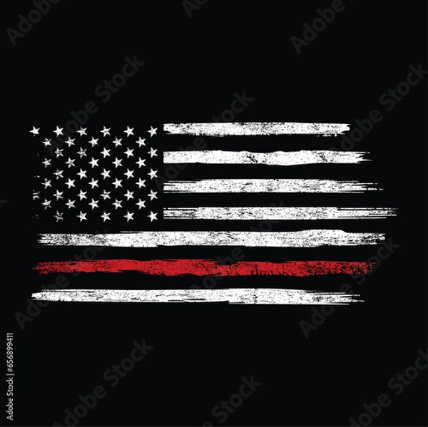 Fototapeta Distressed Thin Red Line American Flag T-Shirt Vector Design, Grunge usa Firefighter with thin red line shirt.	