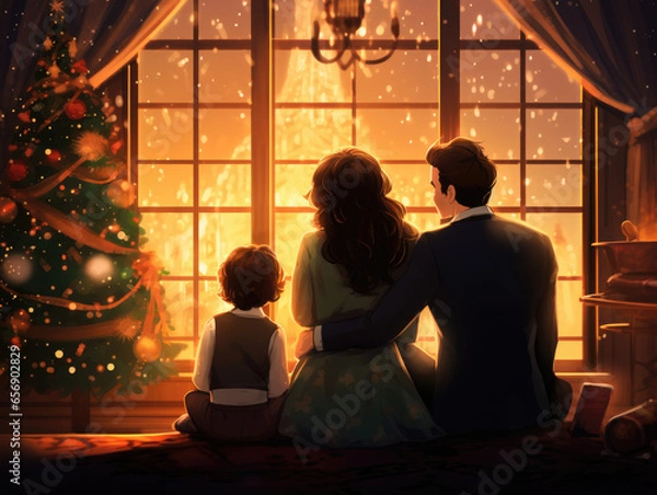 Obraz Family celebrating Christmas and home, Mother and dad next to child sitting near Christmas tree looking through the window at festive street with Christmas lights