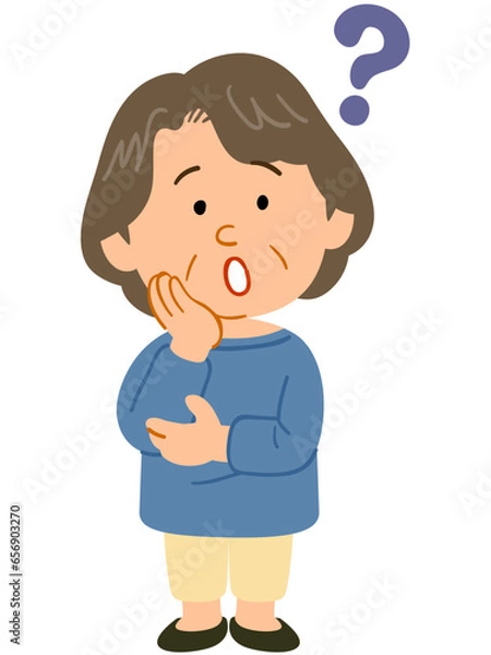 Fototapeta 疑問を持つ青いカットソーを着たシニアの女性　全身
