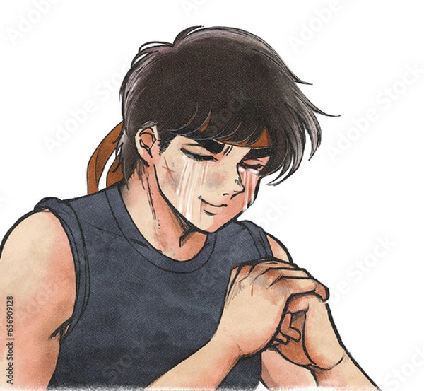 Obraz レトロ風・肉体労働、喧嘩、拳を握って泣く筋肉隆々のイケメン