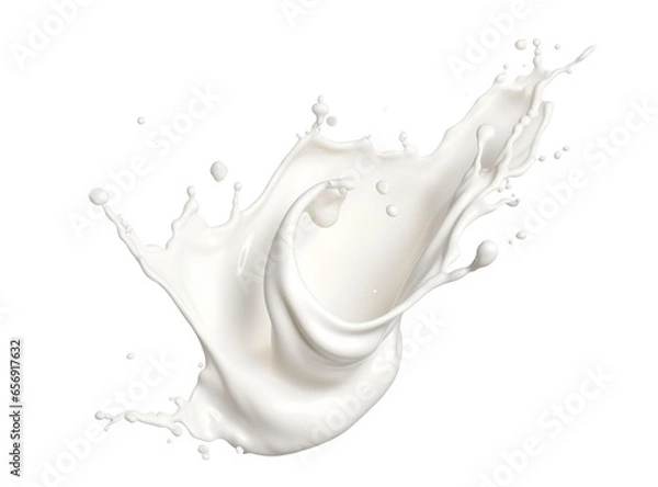 Fototapeta White milk wave splash with splatters and drops. Isolated on a transparent background.