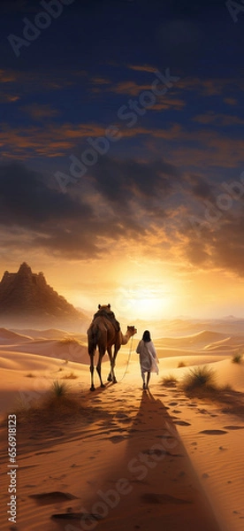 Obraz A man and a camel are walking in a desert