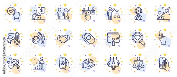 Fototapeta Outline set of Touchscreen gesture, Hold box and Outsource work line icons for web app. Include Love ticket, Business way, Air conditioning pictogram icons. Music, Shipping support. Vector