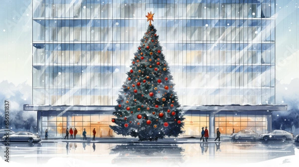 Obraz Watercolor illustration of a Christmas tree with red ornaments and golden star outside of a large shopping mall in downtown, Christmas time, December, festive mood