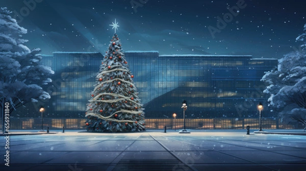 Obraz Beautiful Christmas tree at night, starry sky and modern building in the background