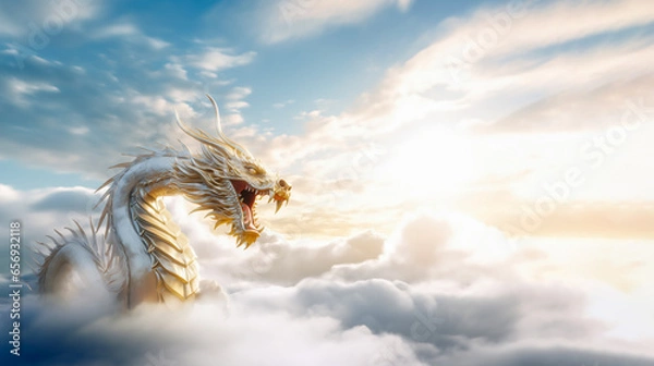 Obraz 青空と雲海に現れる白と金色の白龍。力強い新年を迎えるイメージ背景。生成AI