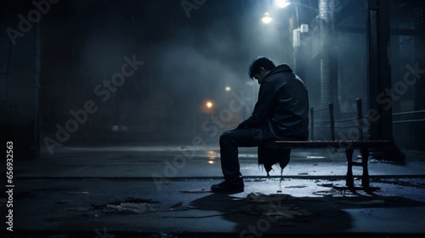 Fototapeta Sad person sitting on the bench, dark scenery, AI generative