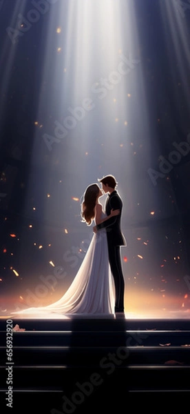 Obraz A sweet couple embrace and look at each other on stage