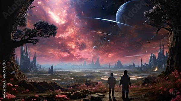 Obraz Two friends enter in an alien world, created with Generative AI