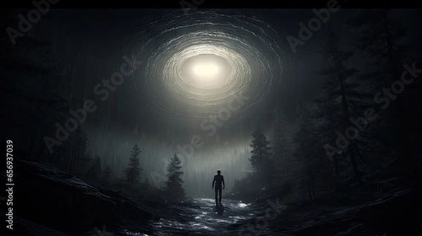 Obraz UFO in a dark forest created with Generative AI