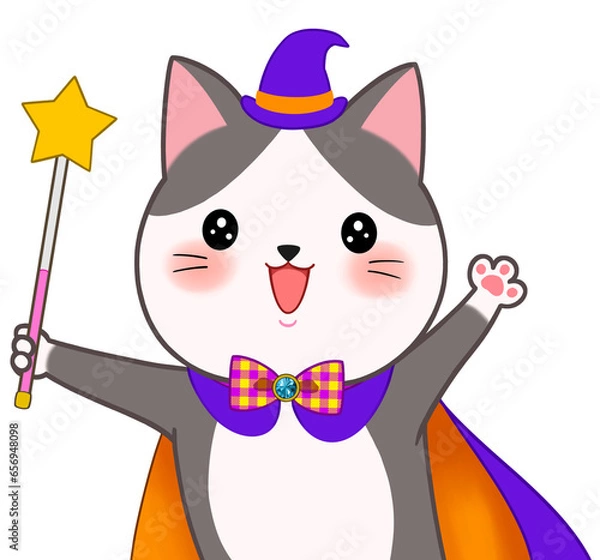 Fototapeta 魔法使いの猫　仮装　ハチワレ猫の漫画イラスト