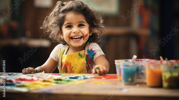 Fototapeta  A happy little girl doing creative work