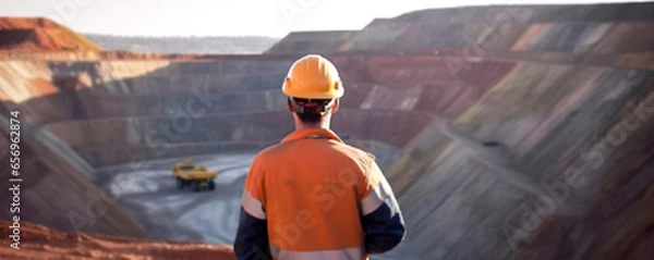 Obraz Copper mine worker, open pit, surveying. Banner