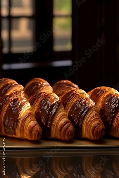 Fototapeta a Parisian bakery window display featuring rows of pain au chocolat