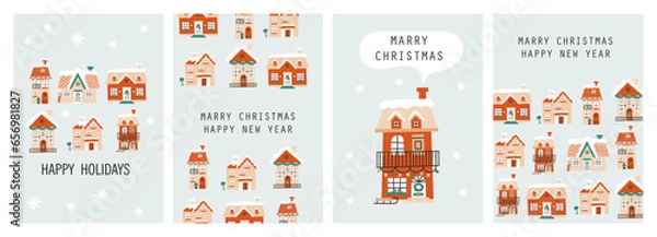 Fototapeta Christmas card set with winter houses. Vector illustrations