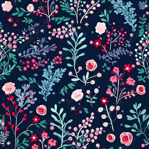 Fototapeta Seamless pattern, tileable modern floral Christmas holiday country print for botanical wallpaper, wrapping paper, scrapbook, fabric and product design