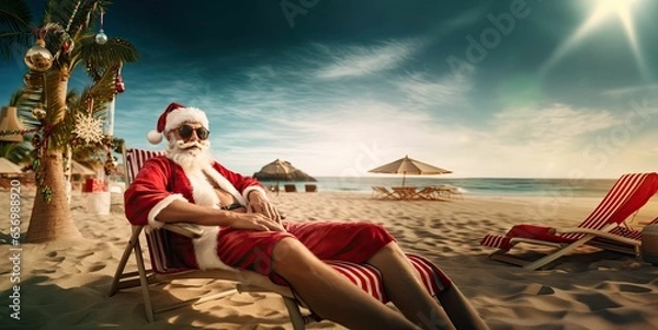 Fototapeta Cool Santa Clause, Christmas at the beach, relaxing, Summer, Down Under,  New Zealand and Australia, Generative AI