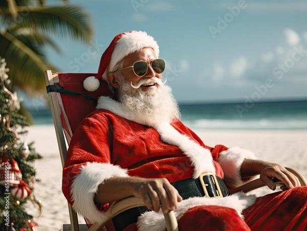 Fototapeta Cool Santa Clause, Christmas at the beach, relaxing, Summer, Down Under,  New Zealand and Australia, Generative AI