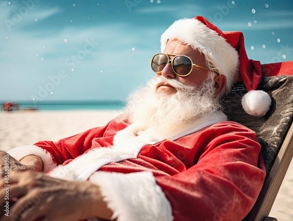 Obraz Cool Santa Clause, Christmas at the beach, relaxing, Summer, Down Under,  New Zealand and Australia, Generative AI
