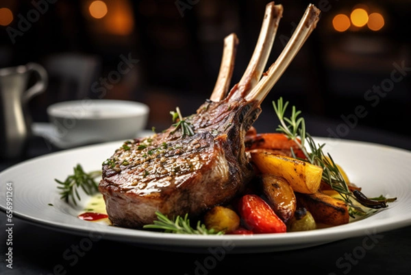 Obraz 
Rack of lamb in white deep plate close-up. Luxury restaurant main course side view. Fancy dish closeup. Mutton ribs. Meat piece served in bowl. Roasted meat with vegetable garnish Generative AI