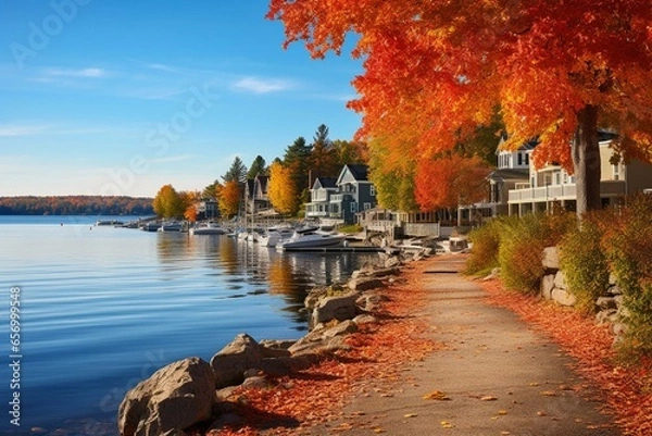 Obraz Scenic autumnal perspective of Meredith Bay, Winnipesaukee Lake, in the quaint town of Meredith, NH, USA. Generative AI