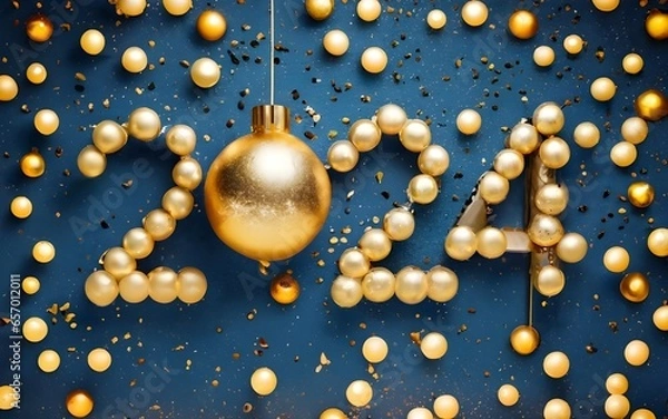 Obraz Happy New Year 2024" with a creative symbol made from the numbers, embellished with golden balls, stars, sequins, and a captivating bokeh effect., typography, photo, poster, 3d render