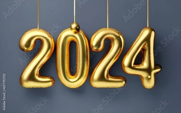 Obraz Banner Happy New Year 2024 golden Greeting Card on dark background, typography, photo, poster, 3d render, illustration