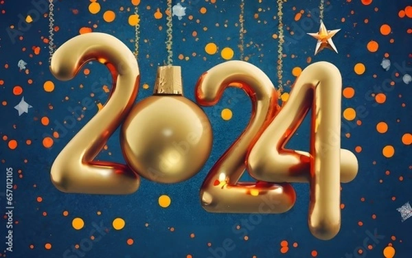 Obraz Banner Happy New Year 2024 golden Greeting Card on dark background, typography, photo, poster, 3d render, illustration