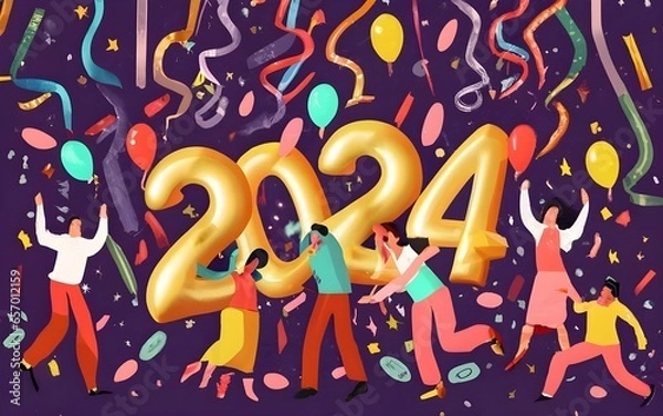 Obraz A festive and cheerful scene of people celebrating the new year, with confetti, streamers, and balloons filling the air.The number '2024' and words"Happy new year " should in the image, typography, ph