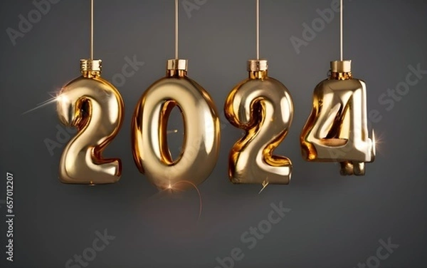 Obraz Banner Happy New Year 2024 golden Greeting Card on dark background, typography, photo, poster, 3d render, illustration