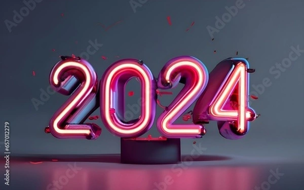 Obraz Neon sign number 2024, happy new year 3d text celebration party., typography, photo, poster, 3d render