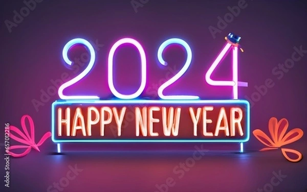 Obraz Neon sign number 2024, happy new year 3d text celebration party., typography, photo, poster, 3d render