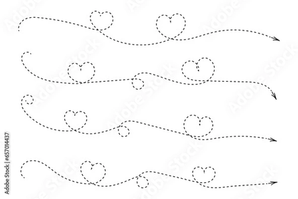 Fototapeta Hand drawn Thin continuous line lovely hearts style curved Dotted arrow vector, one line left right direction love sign with pen dashed line arrows, Minimalistic Outline single line way decorations
