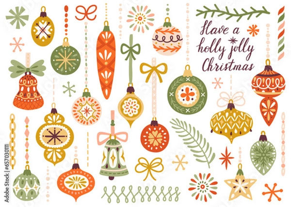 Obraz Vector set of Christmas ornaments hanging on ribbons. Vintage Xmas decorative elements are isolated on white. Cute hand drawing poster for Christmas and New Year.